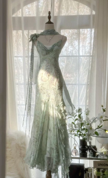 Elegant Spaghetti Straps Chiffon Beaded Evening Dress Mermaid Prom Dress Y8363